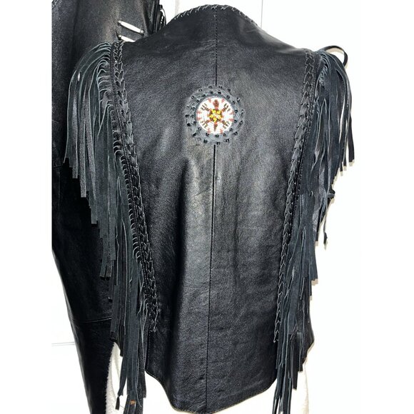 Black Leather Vest 20" & Chaps Adjustable Fringe Beads Trible Look Embellished - Picture 7 of 16